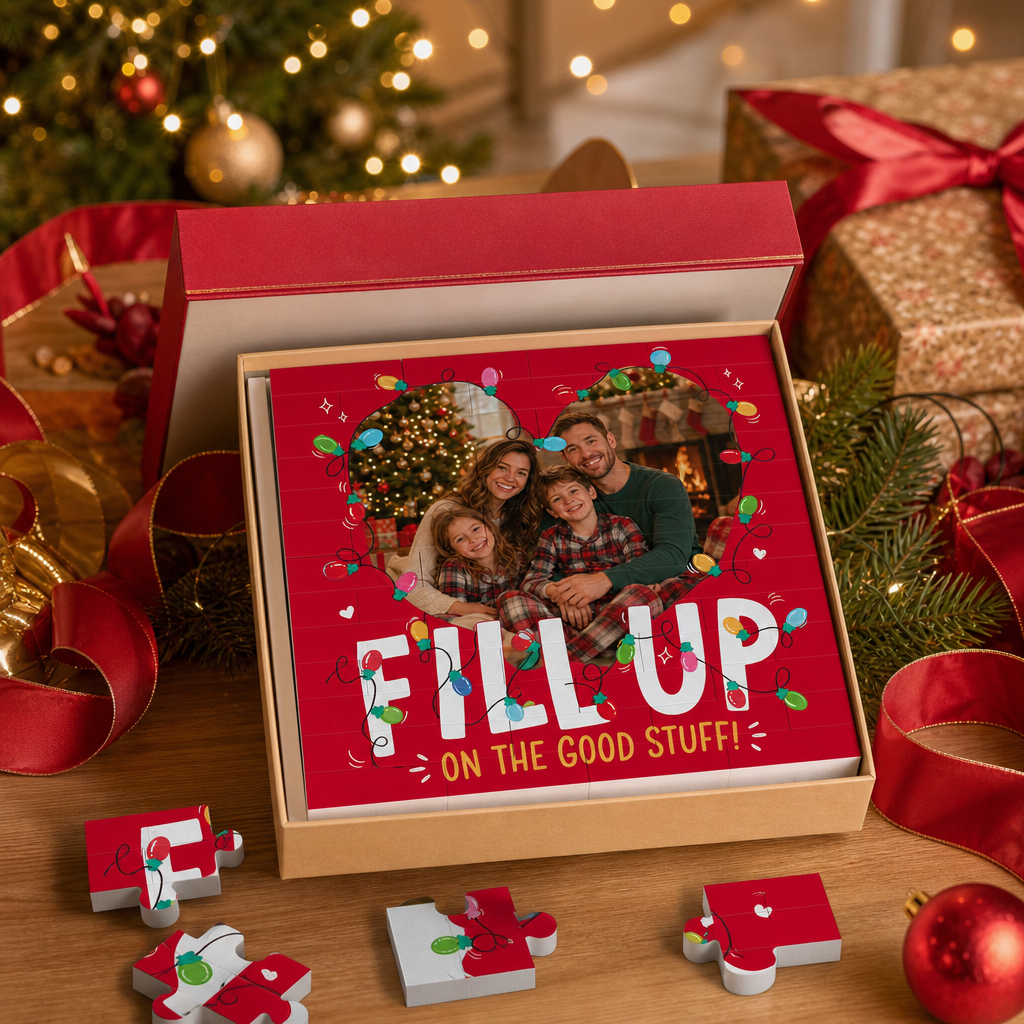 Personalized Photo Christmas Building Block in Festive Red, Custom Family Picture Xmas Fairy Lights "Fill Up On The Good Stuff" Brick Puzzle Keepsake Decor, Holiday Desk Gift