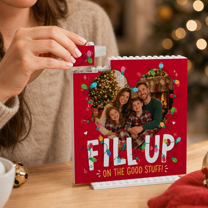 Personalized Photo Christmas Building Block in Festive Red, Custom Family Picture Xmas Fairy Lights "Fill Up On The Good Stuff" Brick Puzzle Keepsake Decor, Holiday Desk Gift