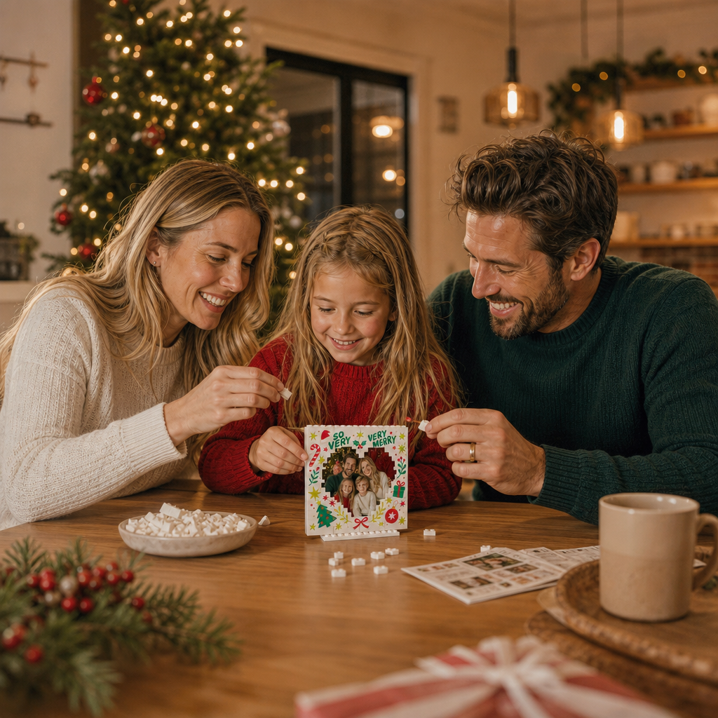 Personalized Photo Christmas Building Block in White, Custom Family Picture Doodle "So Very Very Merry" Heart Brick Puzzle Keepsake Decor, Festive Holiday Desk Gift