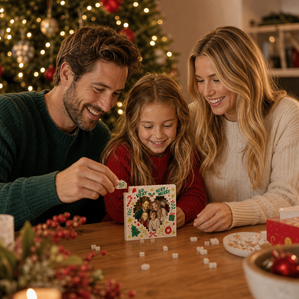 Personalized Photo Christmas Building Block in White, Custom Family Picture Doodle "So Very Very Merry" Heart Brick Puzzle Keepsake Decor, Festive Holiday Desk Gift
