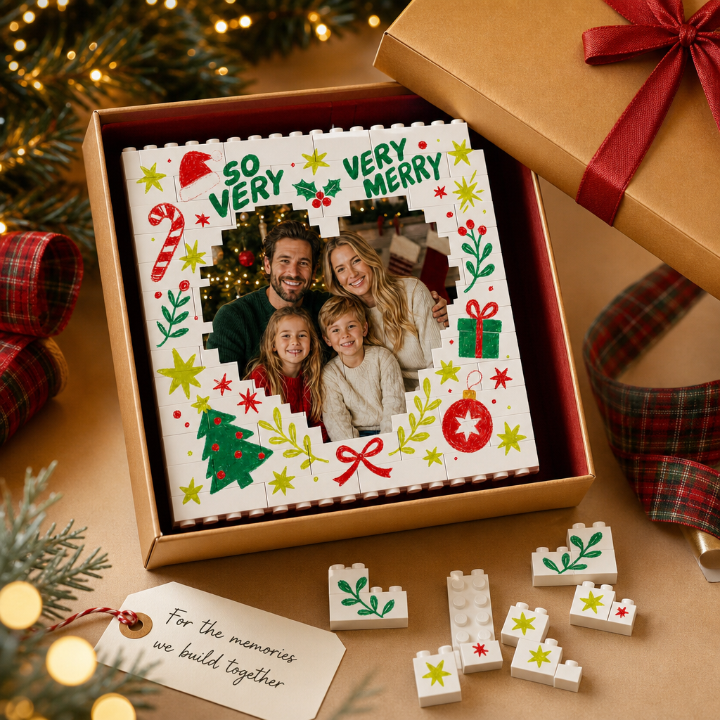 Personalized Photo Christmas Building Block in White, Custom Family Picture Doodle "So Very Very Merry" Heart Brick Puzzle Keepsake Decor, Festive Holiday Desk Gift