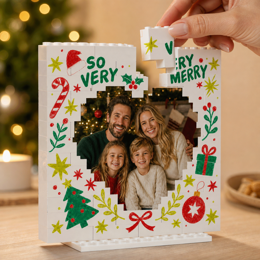 Personalized Photo Christmas Building Block in White, Custom Family Picture Doodle "So Very Very Merry" Heart Brick Puzzle Keepsake Decor, Festive Holiday Desk Gift