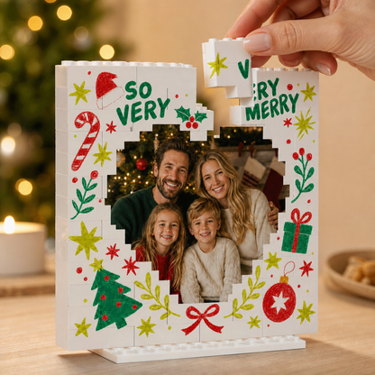 Personalized Photo Christmas Building Block in White, Custom Family Picture Doodle "So Very Very Merry" Heart Brick Puzzle Keepsake Decor, Festive Holiday Desk Gift