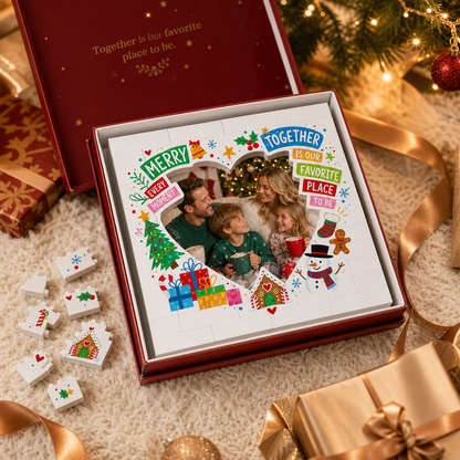 Personalized Photo Christmas Building Block in White, Custom Family Picture "Every Moment Together" Heart Brick Puzzle Keepsake Decor, Festive Holiday Desk Gift