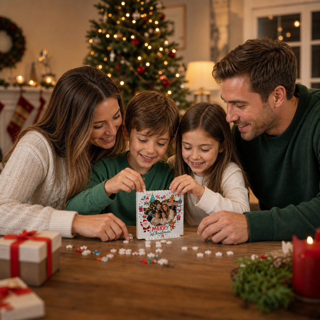 Personalized Photo Christmas Building Block in White, Custom Family Picture Santa Reindeer Penguin & Snowman Wreath Brick Puzzle Keepsake Decor, Festive Holiday Desk Gift