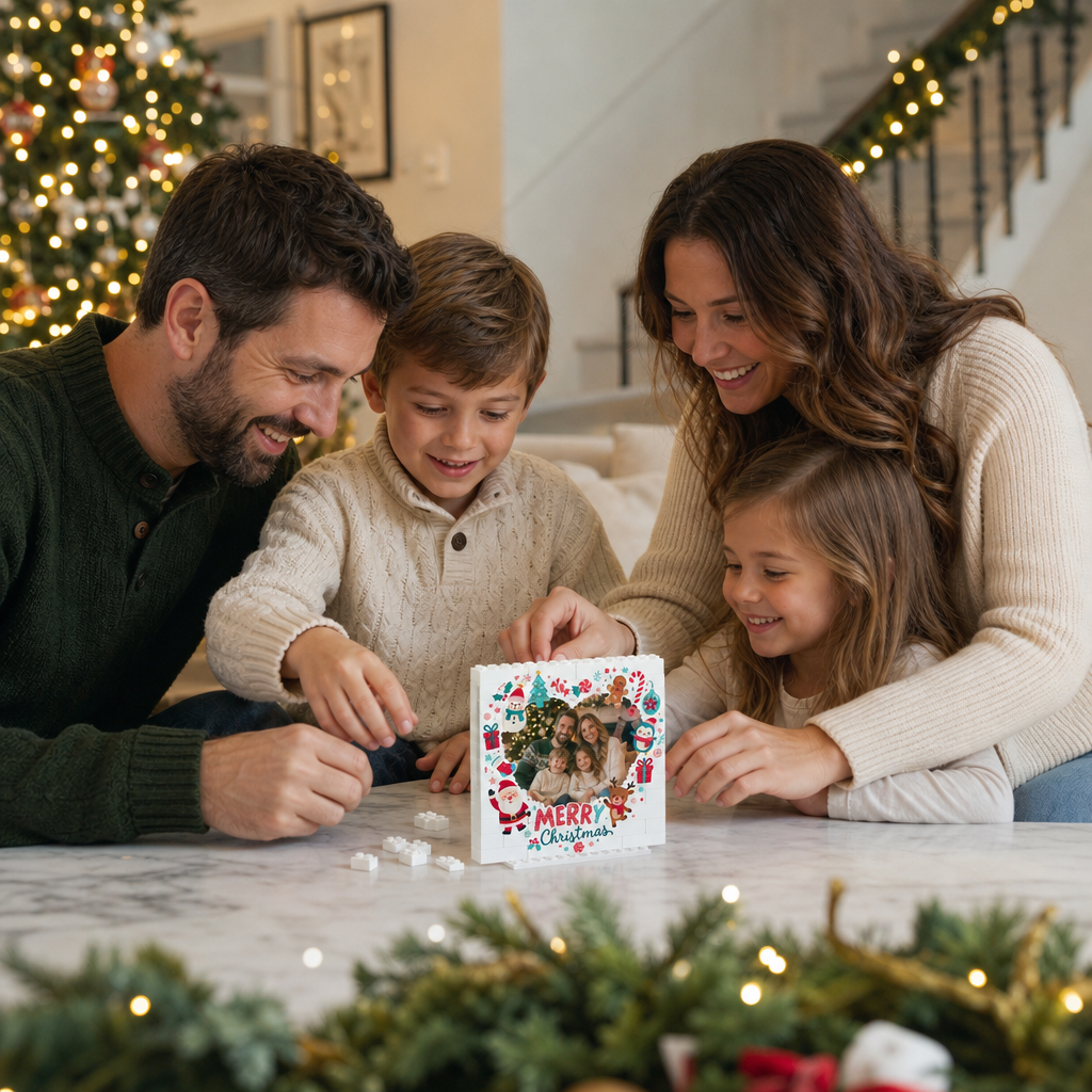 Personalized Photo Christmas Building Block in White, Custom Family Picture Santa Reindeer Penguin & Snowman Wreath Brick Puzzle Keepsake Decor, Festive Holiday Desk Gift