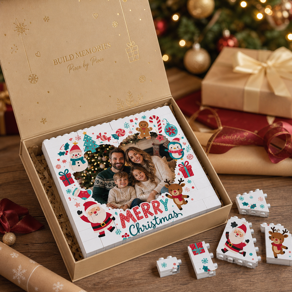 Personalized Photo Christmas Building Block in White, Custom Family Picture Santa Reindeer Penguin & Snowman Wreath Brick Puzzle Keepsake Decor, Festive Holiday Desk Gift