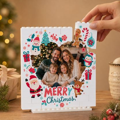 Personalized Photo Christmas Building Block in White, Custom Family Picture Santa Reindeer Penguin & Snowman Wreath Brick Puzzle Keepsake Decor, Festive Holiday Desk Gift