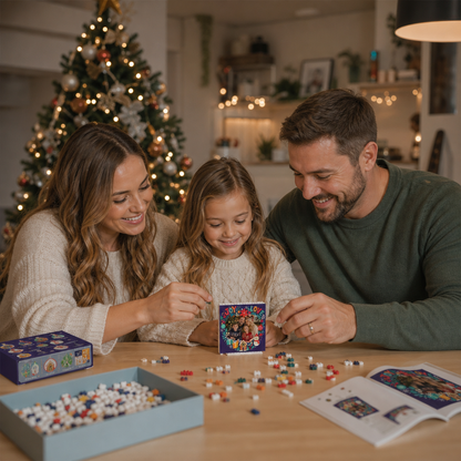 Personalized Photo Christmas Building Block in Navy Blue, Custom Family Picture Poinsettia Wreath "Joy & Love" Brick Puzzle Keepsake Decor, Festive Holiday Desk Gift