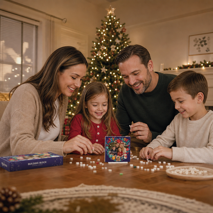 Personalized Photo Christmas Building Block in Navy Blue, Custom Family Picture Poinsettia Wreath "Joy & Love" Brick Puzzle Keepsake Decor, Festive Holiday Desk Gift
