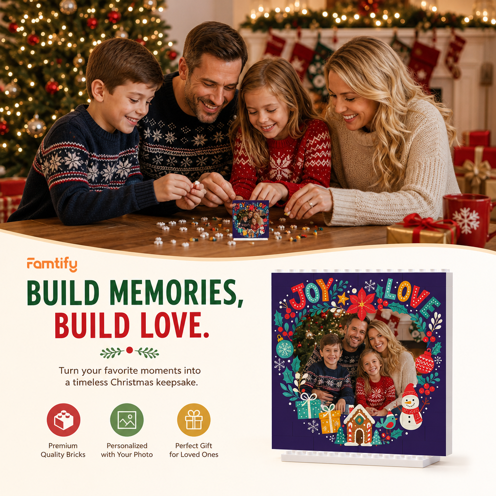 Personalized Photo Christmas Building Block in Navy Blue, Custom Family Picture Poinsettia Wreath "Joy & Love" Brick Puzzle Keepsake Decor, Festive Holiday Desk Gift