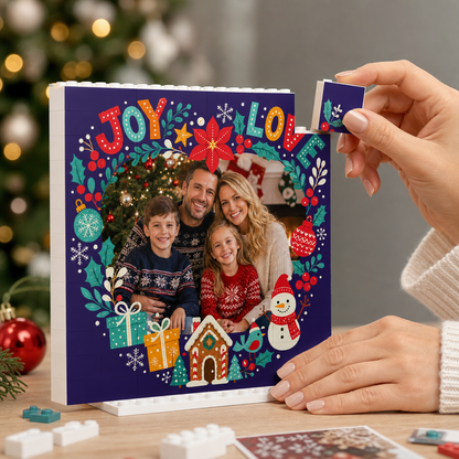 Personalized Photo Christmas Building Block in Navy Blue, Custom Family Picture Poinsettia Wreath "Joy & Love" Brick Puzzle Keepsake Decor, Festive Holiday Desk Gift