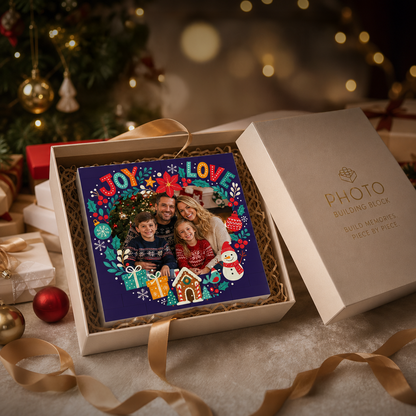 Personalized Photo Christmas Building Block in Navy Blue, Custom Family Picture Poinsettia Wreath "Joy & Love" Brick Puzzle Keepsake Decor, Festive Holiday Desk Gift