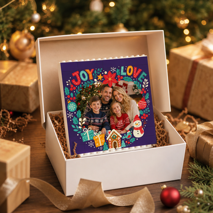 Personalized Photo Christmas Building Block in Navy Blue, Custom Family Picture Poinsettia Wreath "Joy & Love" Brick Puzzle Keepsake Decor, Festive Holiday Desk Gift