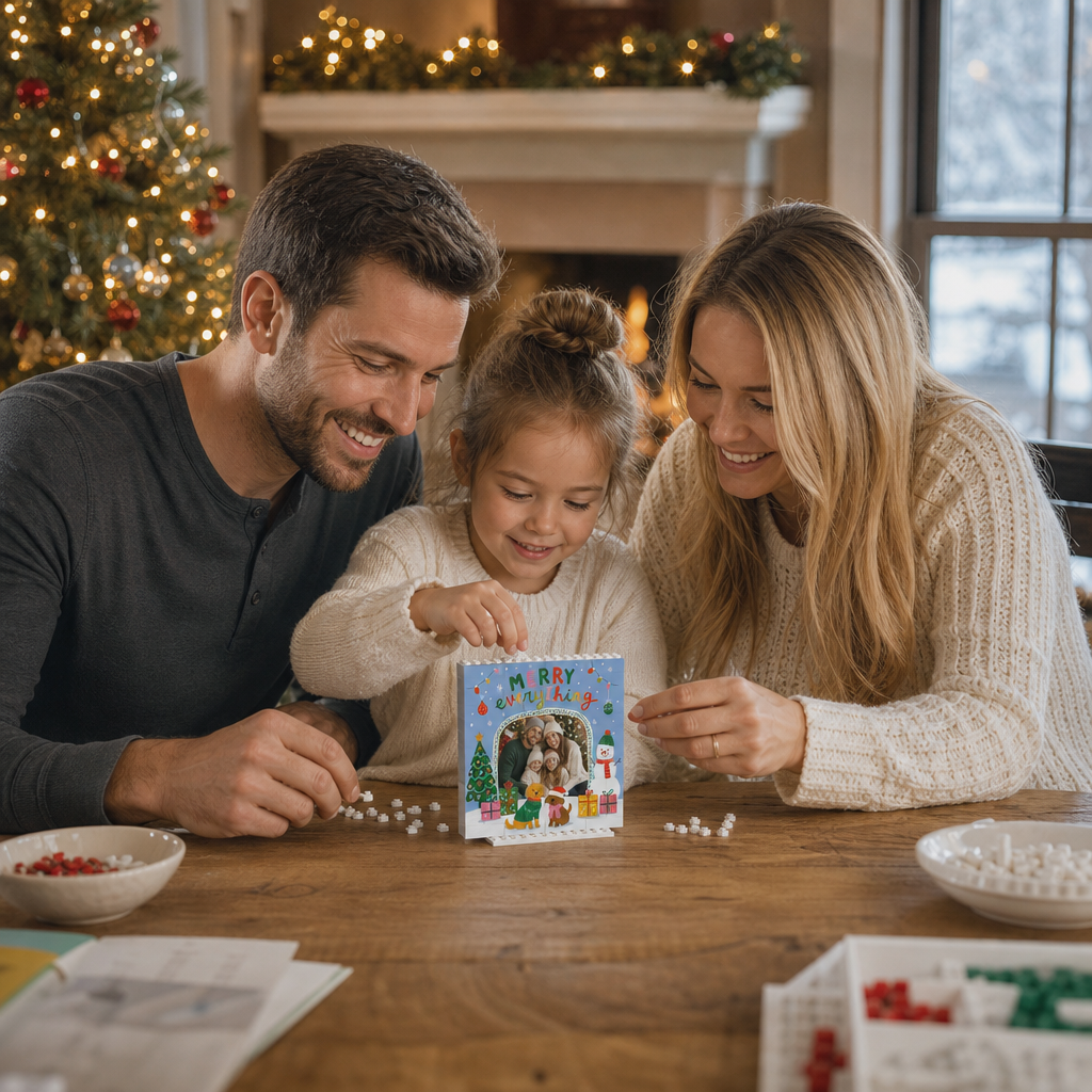 Personalized Photo Christmas Building Block in Sky Blue, Custom Family Picture Cute Dogs & Snowman "Merry Everything" Brick Puzzle Keepsake Decor, Festive Holiday Desk Gift