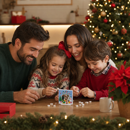 Personalized Photo Christmas Building Block in Sky Blue, Custom Family Picture Cute Dogs & Snowman "Merry Everything" Brick Puzzle Keepsake Decor, Festive Holiday Desk Gift