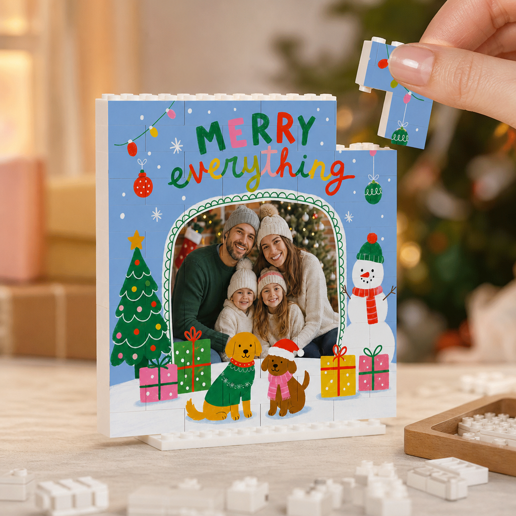 Personalized Photo Christmas Building Block in Sky Blue, Custom Family Picture Cute Dogs & Snowman "Merry Everything" Brick Puzzle Keepsake Decor, Festive Holiday Desk Gift
