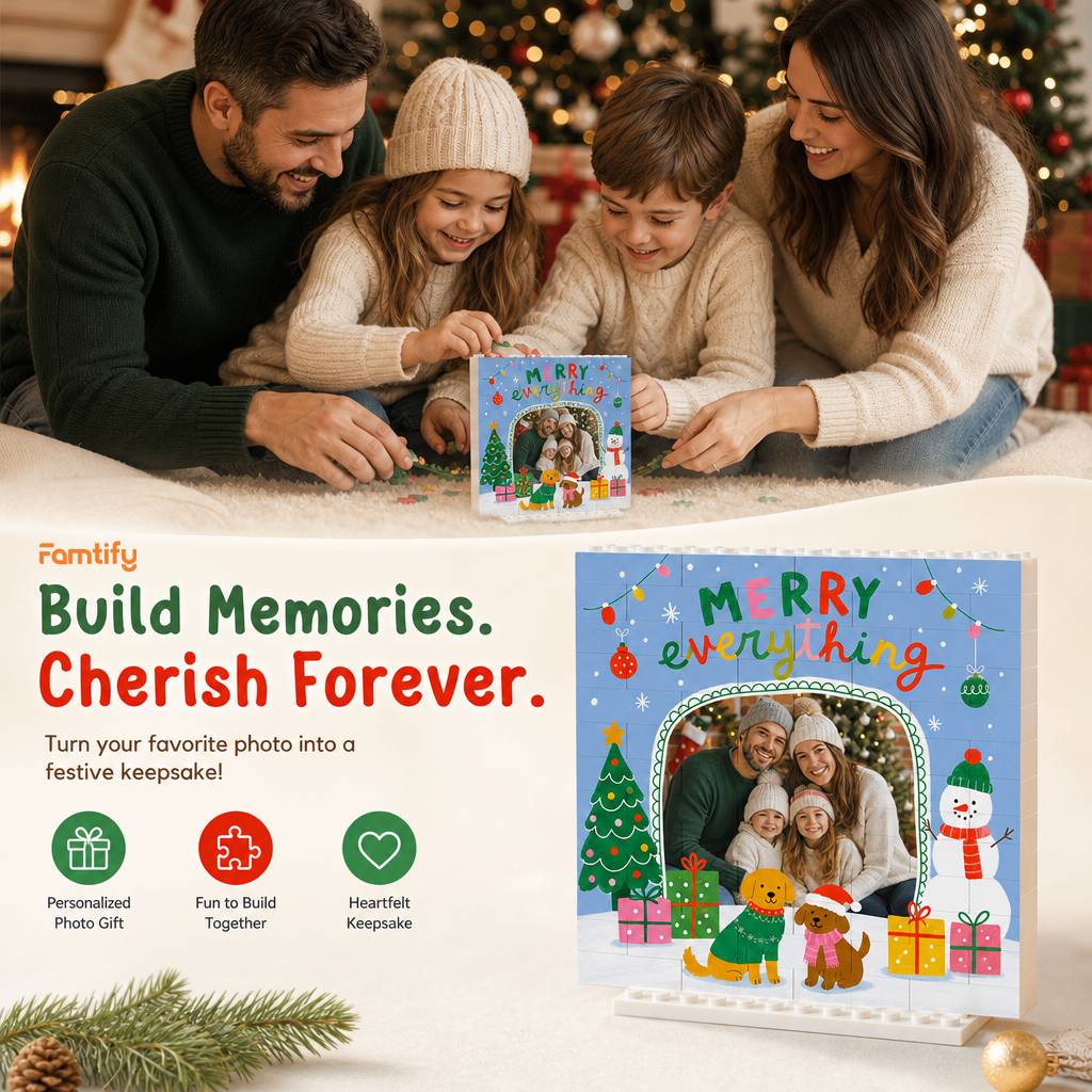 Personalized Photo Christmas Building Block in Sky Blue, Custom Family Picture Cute Dogs & Snowman "Merry Everything" Brick Puzzle Keepsake Decor, Festive Holiday Desk Gift