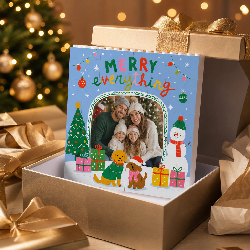 Personalized Photo Christmas Building Block in Sky Blue, Custom Family Picture Cute Dogs & Snowman "Merry Everything" Brick Puzzle Keepsake Decor, Festive Holiday Desk Gift