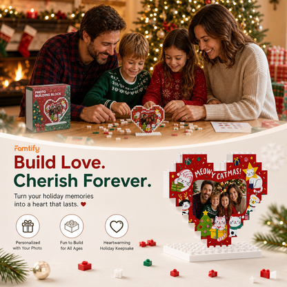 Personalized Photo Heart Building Block in Red, Custom Family Picture Cute Christmas Cats "Meowy Catmas" Brick Puzzle Keepsake Decor, Festive Holiday Desk Gift