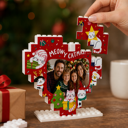 Personalized Photo Heart Building Block in Red, Custom Family Picture Cute Christmas Cats "Meowy Catmas" Brick Puzzle Keepsake Decor, Festive Holiday Desk Gift