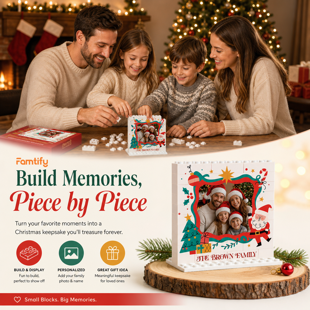Personalized Photo Christmas Building Block in White, Custom Family Name Santa & Wavy Frame Brick Puzzle Keepsake Decor, Festive Holiday Desk Gift