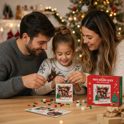 Personalized Photo Christmas Building Block in White, Custom Family Name Santa & Wavy Frame Brick Puzzle Keepsake Decor, Festive Holiday Desk Gift