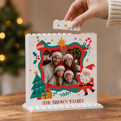 Personalized Photo Christmas Building Block in White, Custom Family Name Santa & Wavy Frame Brick Puzzle Keepsake Decor, Festive Holiday Desk Gift