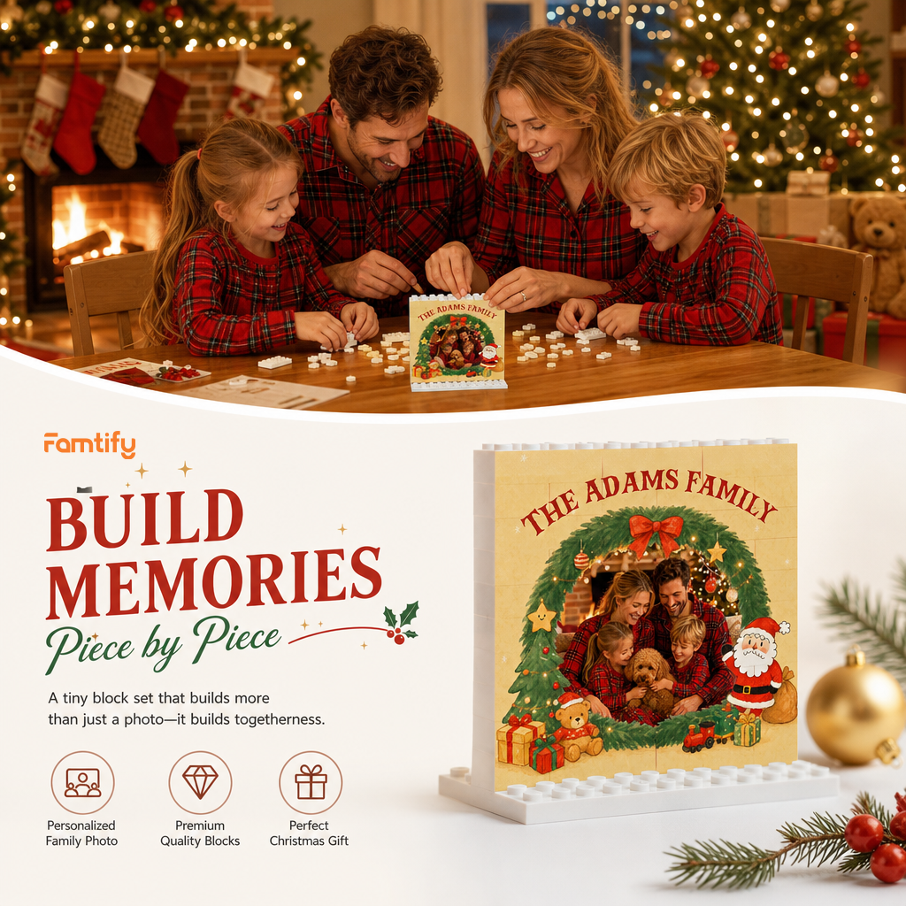 Personalized Photo Christmas Building Block in Cream, Custom Family Name Pine Wreath & Santa Brick Puzzle Keepsake Decor, Festive Holiday Desk Gift