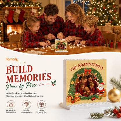 Personalized Photo Christmas Building Block in Cream, Custom Family Name Pine Wreath & Santa Brick Puzzle Keepsake Decor, Festive Holiday Desk Gift