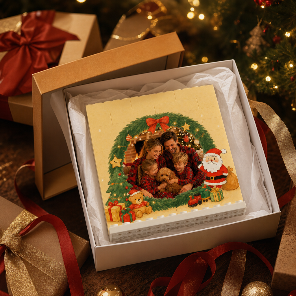 Personalized Photo Christmas Building Block in Cream, Custom Family Name Pine Wreath & Santa Brick Puzzle Keepsake Decor, Festive Holiday Desk Gift