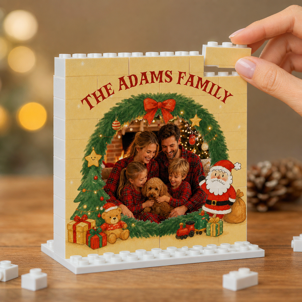 Personalized Photo Christmas Building Block in Cream, Custom Family Name Pine Wreath & Santa Brick Puzzle Keepsake Decor, Festive Holiday Desk Gift