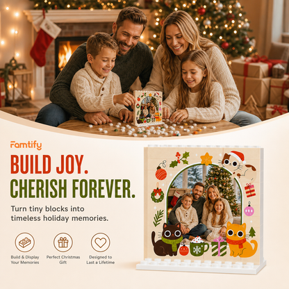 Personalized Photo Christmas Building Block in Cream, Custom Family Name Pine Wreath & Santa Brick Puzzle Keepsake Decor, Festive Holiday Desk Gift