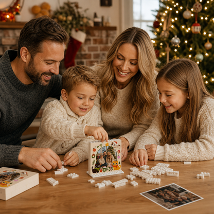 Personalized Photo Christmas Building Block in Cream, Custom Family Name Pine Wreath & Santa Brick Puzzle Keepsake Decor, Festive Holiday Desk Gift