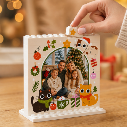 Personalized Photo Christmas Building Block in Cream, Custom Family Name Pine Wreath & Santa Brick Puzzle Keepsake Decor, Festive Holiday Desk Gift