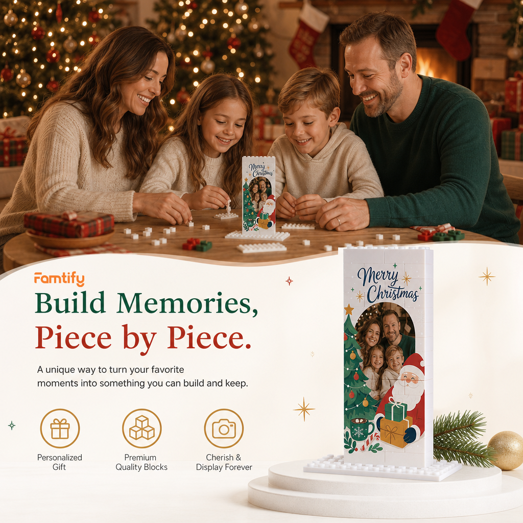 Personalized Photo Christmas Building Block in Vertical White, Custom Family Picture Santa & Christmas Tree Brick Puzzle Keepsake Decor, Festive Holiday Desk Gift