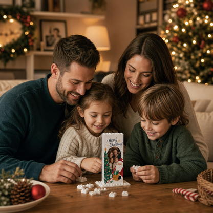 Personalized Photo Christmas Building Block in Vertical White, Custom Family Picture Santa & Christmas Tree Brick Puzzle Keepsake Decor, Festive Holiday Desk Gift