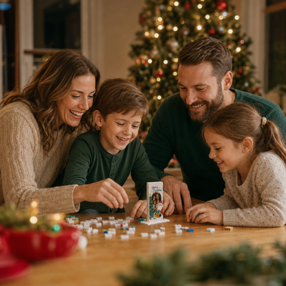 Personalized Photo Christmas Building Block in Vertical White, Custom Family Picture Santa & Christmas Tree Brick Puzzle Keepsake Decor, Festive Holiday Desk Gift