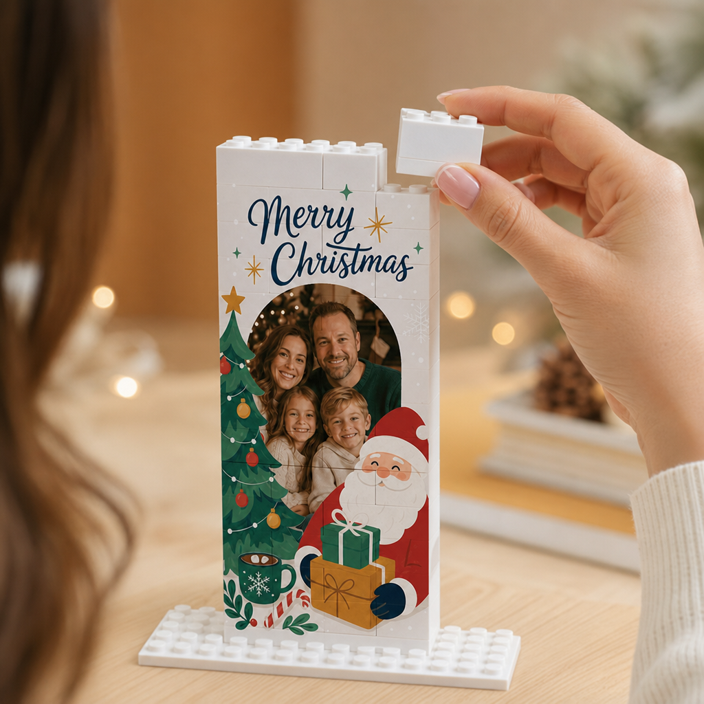 Personalized Photo Christmas Building Block in Vertical White, Custom Family Picture Santa & Christmas Tree Brick Puzzle Keepsake Decor, Festive Holiday Desk Gift
