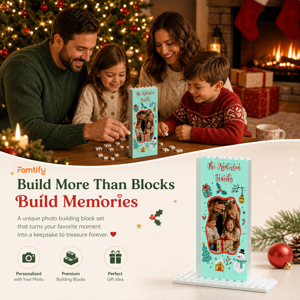 Personalized Photo Christmas Building Block in Vertical Mint Green, Custom Family Name Snowman & Gingerbread House Brick Puzzle Keepsake Decor, Festive Holiday Desk Gift