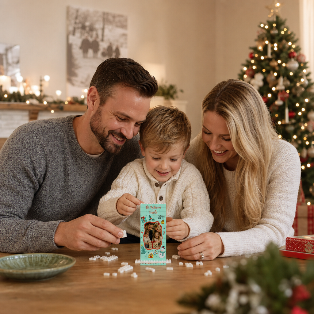 Personalized Photo Christmas Building Block in Vertical Mint Green, Custom Family Name Snowman & Gingerbread House Brick Puzzle Keepsake Decor, Festive Holiday Desk Gift