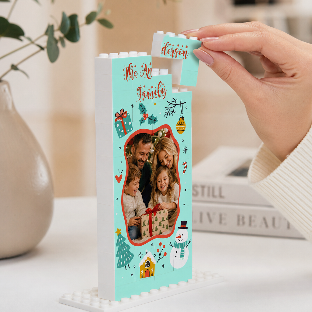 Personalized Photo Christmas Building Block in Vertical Mint Green, Custom Family Name Snowman & Gingerbread House Brick Puzzle Keepsake Decor, Festive Holiday Desk Gift