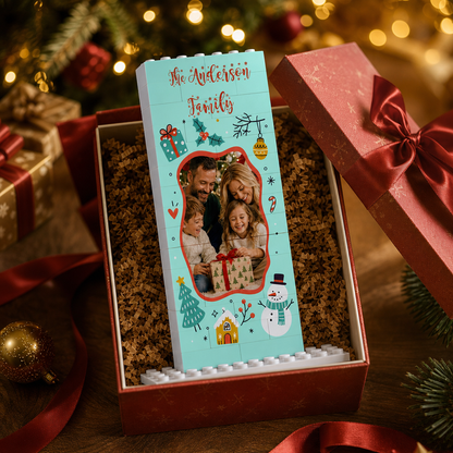 Personalized Photo Christmas Building Block in Vertical Mint Green, Custom Family Name Snowman & Gingerbread House Brick Puzzle Keepsake Decor, Festive Holiday Desk Gift