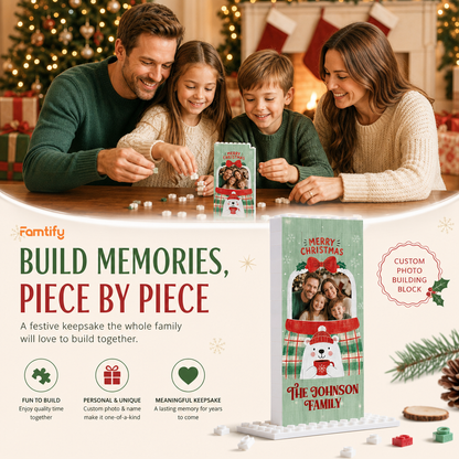Personalized Photo Christmas Building Block in Vertical Sage Green, Custom Family Name Snow Globe & Polar Bear Brick Puzzle Keepsake Decor, Festive Holiday Desk Gift