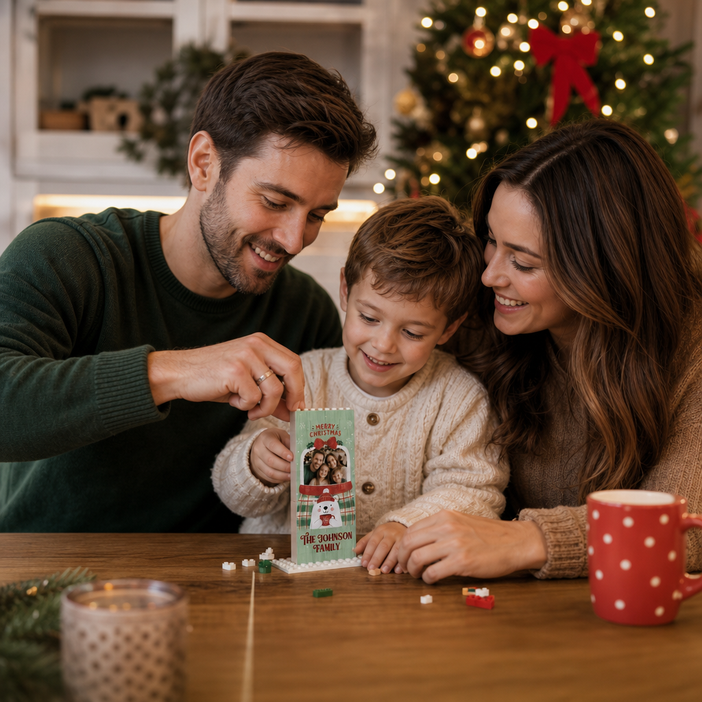 Personalized Photo Christmas Building Block in Vertical Sage Green, Custom Family Name Snow Globe & Polar Bear Brick Puzzle Keepsake Decor, Festive Holiday Desk Gift