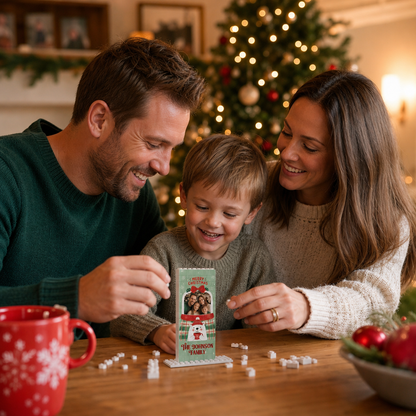 Personalized Photo Christmas Building Block in Vertical Sage Green, Custom Family Name Snow Globe & Polar Bear Brick Puzzle Keepsake Decor, Festive Holiday Desk Gift