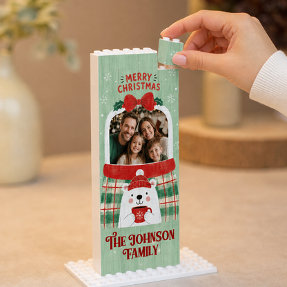 Personalized Photo Christmas Building Block in Vertical Sage Green, Custom Family Name Snow Globe & Polar Bear Brick Puzzle Keepsake Decor, Festive Holiday Desk Gift