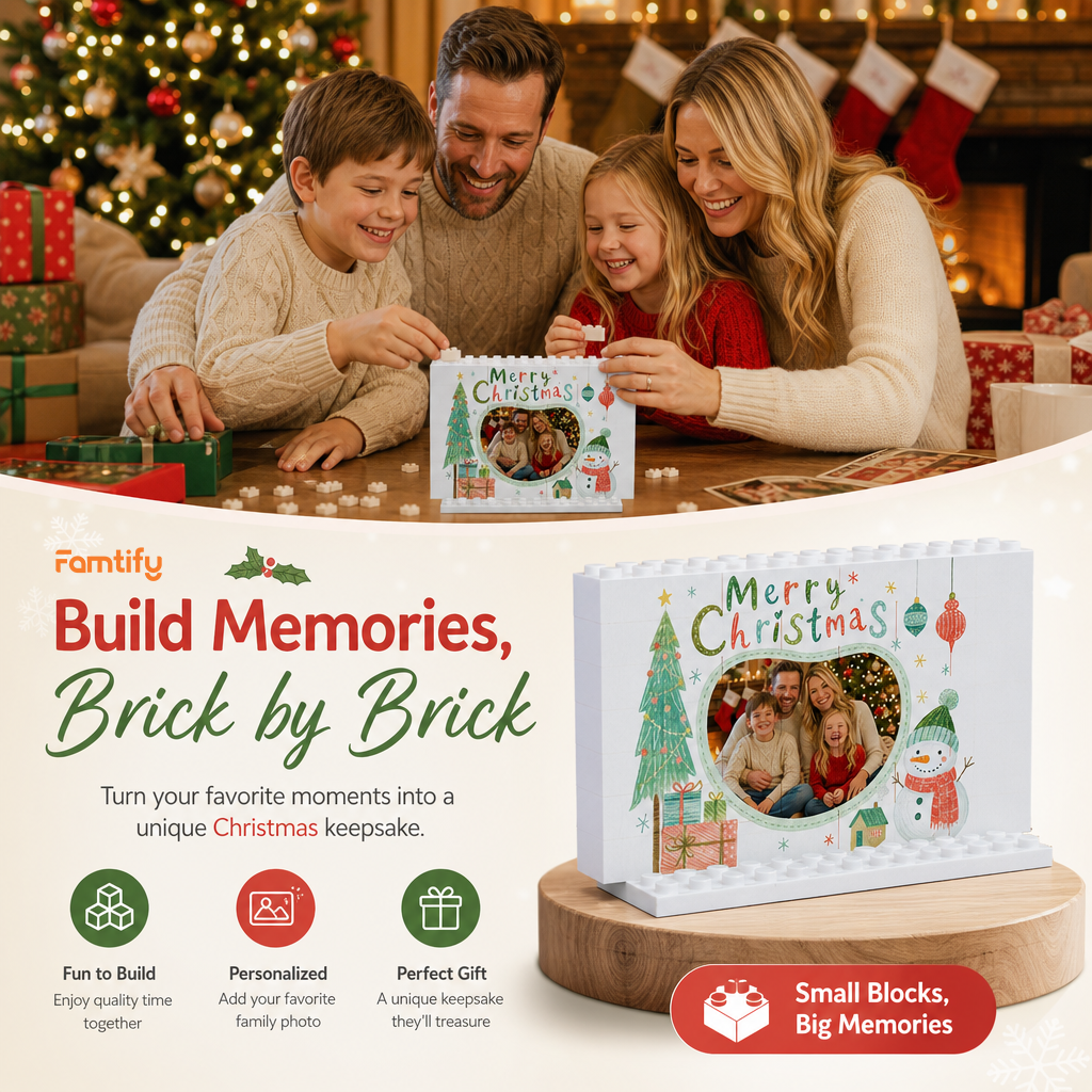 Personalized Photo Christmas Building Block in White Shiplap, Custom Family Picture Hand-Drawn Tree & Snowman "Merry Christmas" Brick Puzzle Keepsake Decor, Festive Holiday Desk Gift