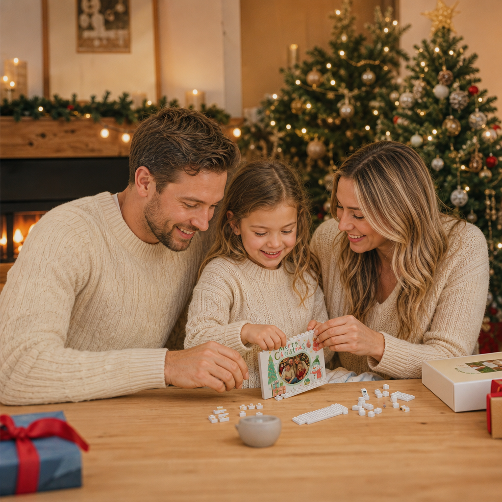 Personalized Photo Christmas Building Block in White Shiplap, Custom Family Picture Hand-Drawn Tree & Snowman "Merry Christmas" Brick Puzzle Keepsake Decor, Festive Holiday Desk Gift