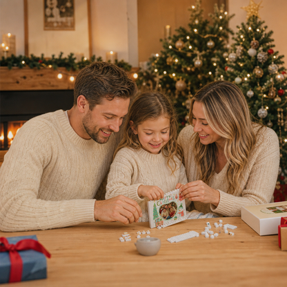 Personalized Photo Christmas Building Block in White Shiplap, Custom Family Picture Hand-Drawn Tree & Snowman "Merry Christmas" Brick Puzzle Keepsake Decor, Festive Holiday Desk Gift